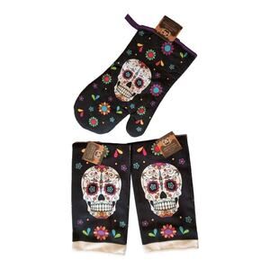 Sugar Skull Day of the Dead Halloween Oven Mitt 2 Kitchen Towels NEW 3 Pc Set